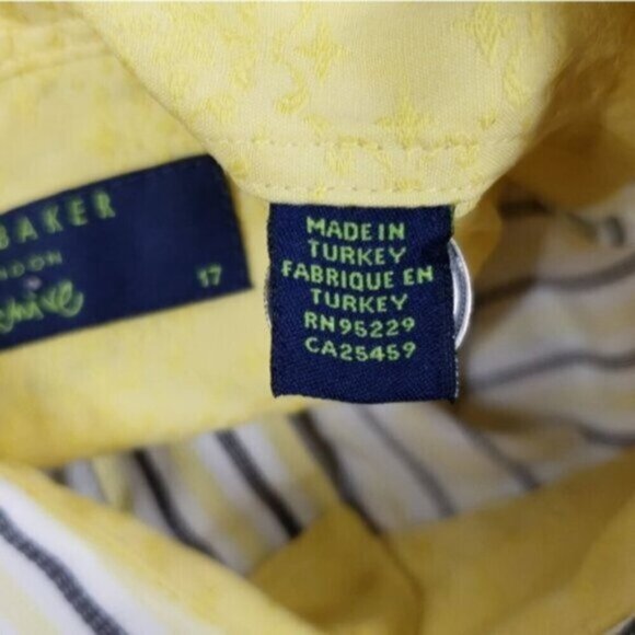 Ted Baker London Men's White Yellow Blue Striped Button Up Shirt Sz 17 Flip Cuff - Picture 10 of 13